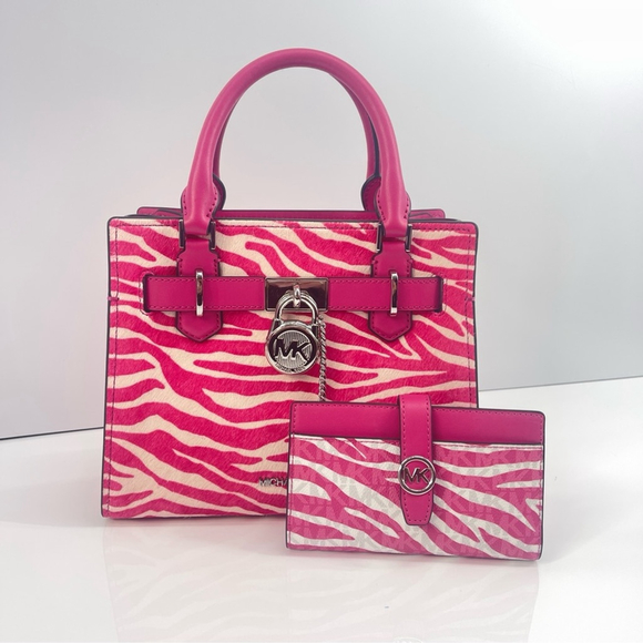 Michael Kors Hamilton Small Zebra Print Satchel & Wallet Set Dragonfruit - Picture 1 of 13